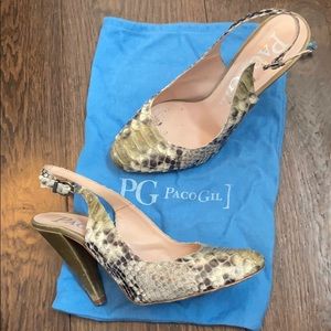 Paco Gil green snakeskin sling back heels